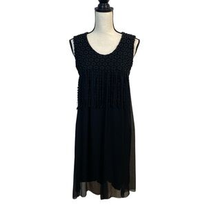 Linea Domani Sleeveless Black Georgette Eyelet Tassel Shift Dress Size Small